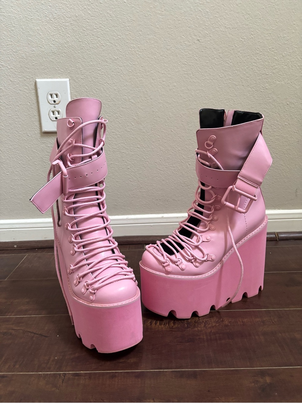 Statement Pink Platform Lace-Up Ankle Boots with Buckle Strap